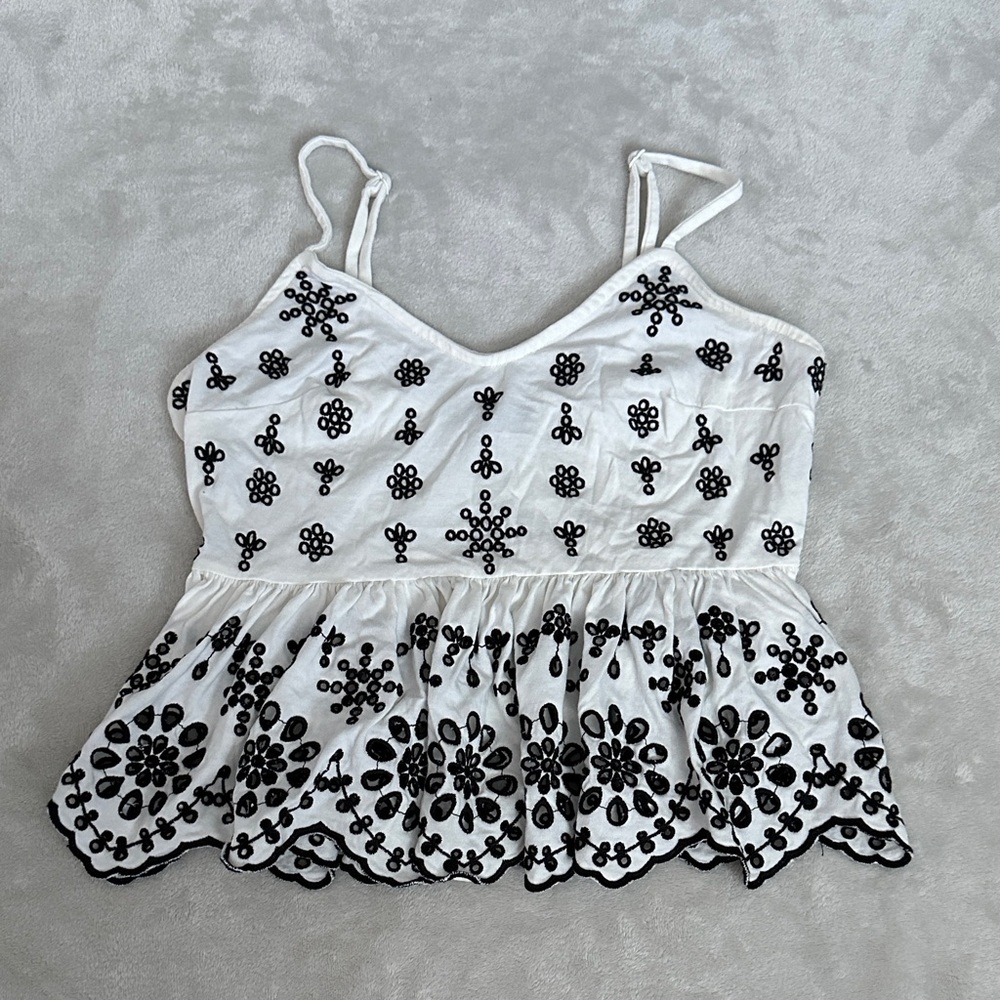 Express White and Black Embroidery Eyelet Scalloped Bottom V Neck Top